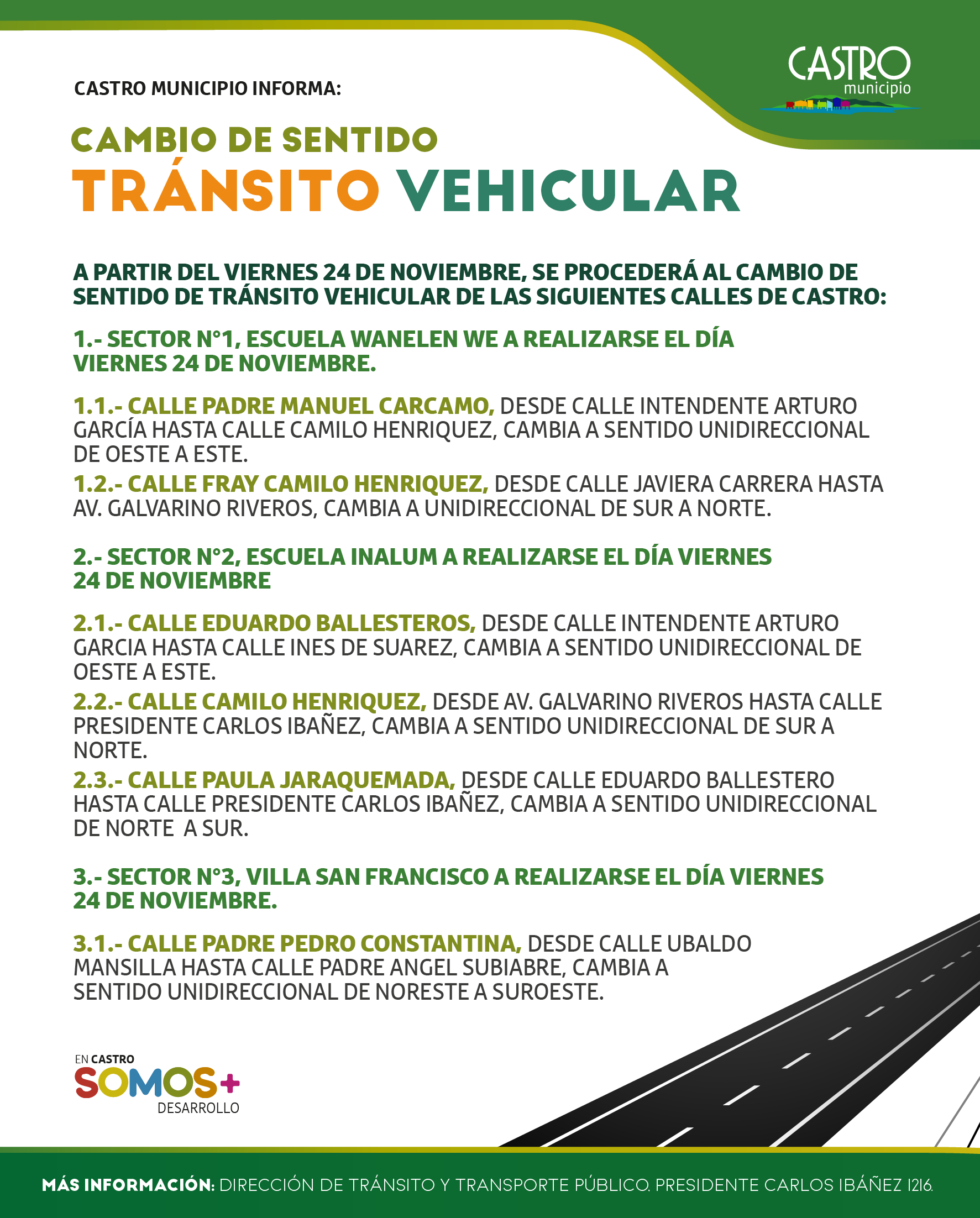 Informan cambio de sentido de tránsito en calles de Castro para resguardar seguridad vial