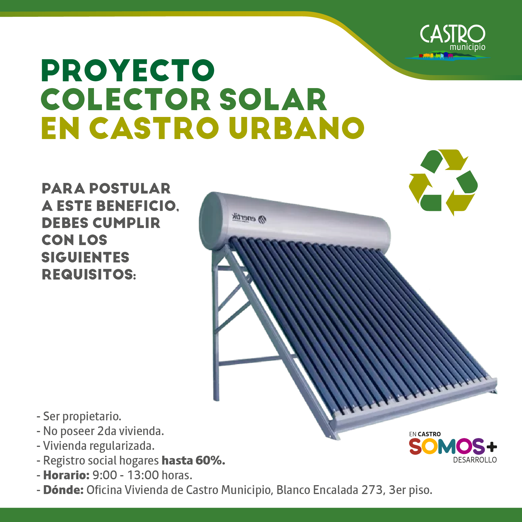 Castro avanza a la sostenibilidad a través de la instalación de colectores solares